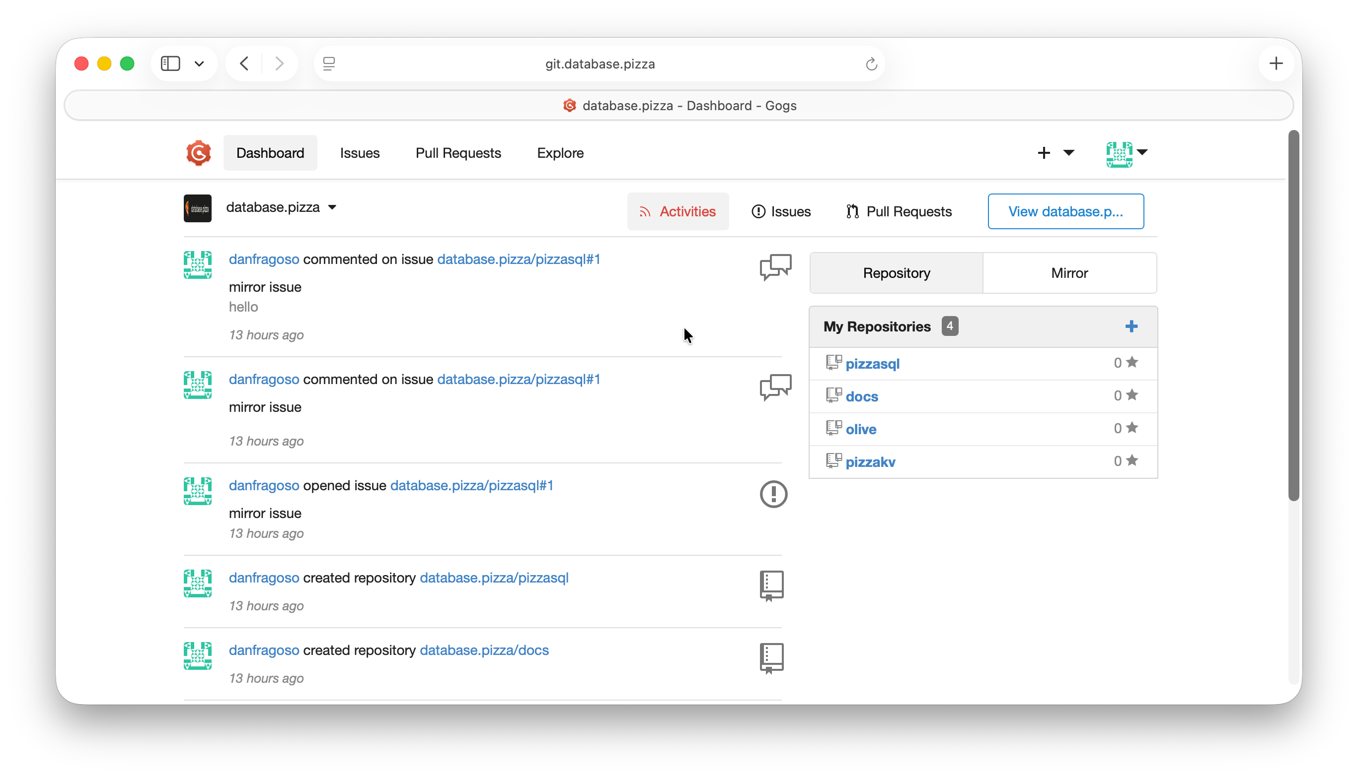 The Gogs dashboard at git.database.pizza showing recent activity and repositories.