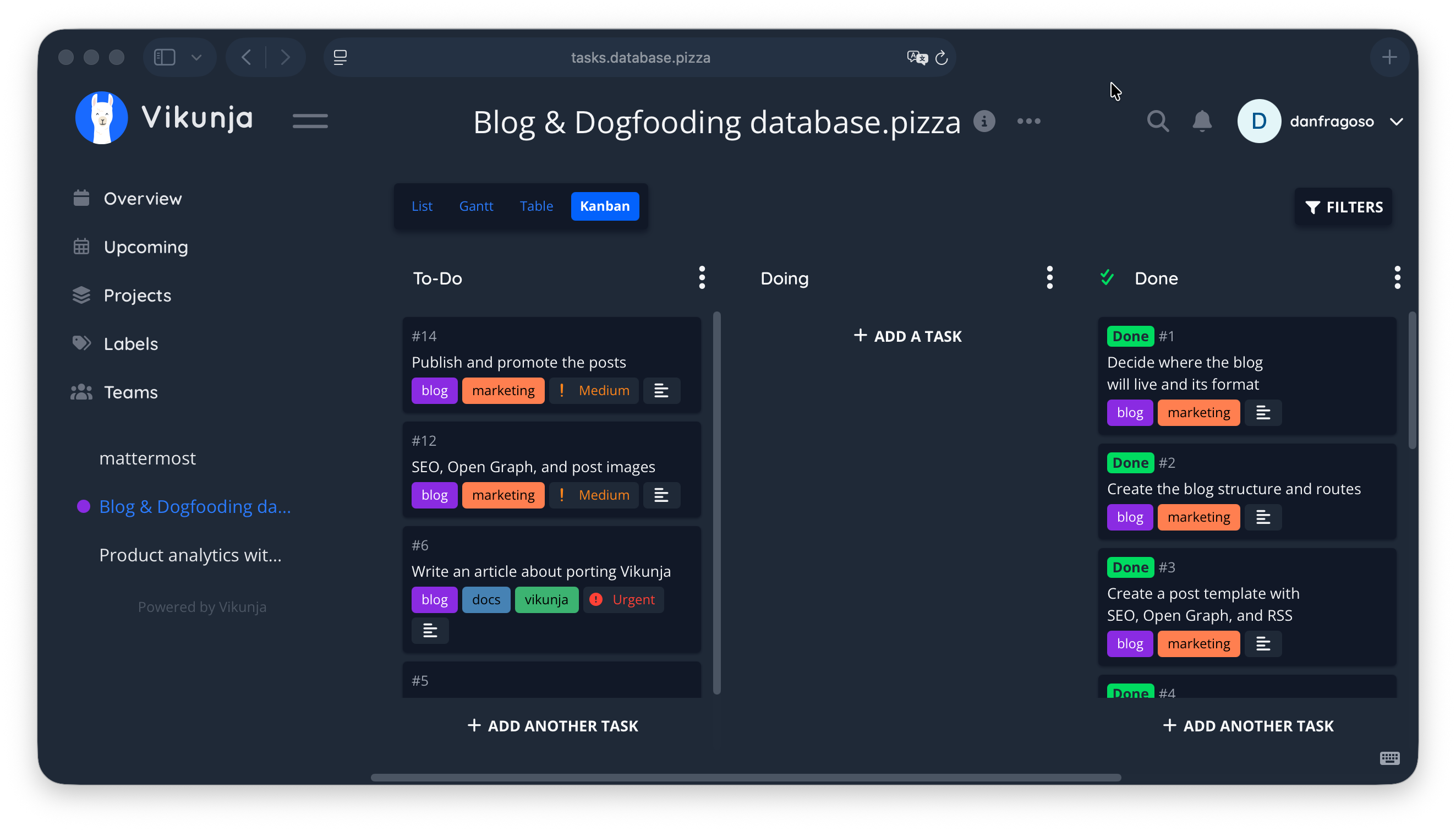 The Vikunja Blog and Dogfooding database.pizza project board at tasks.database.pizza.